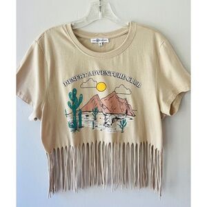 Sz M Desert Adventure Club Graphic Crop Tee with Fringe Trim Short Sleeve Top